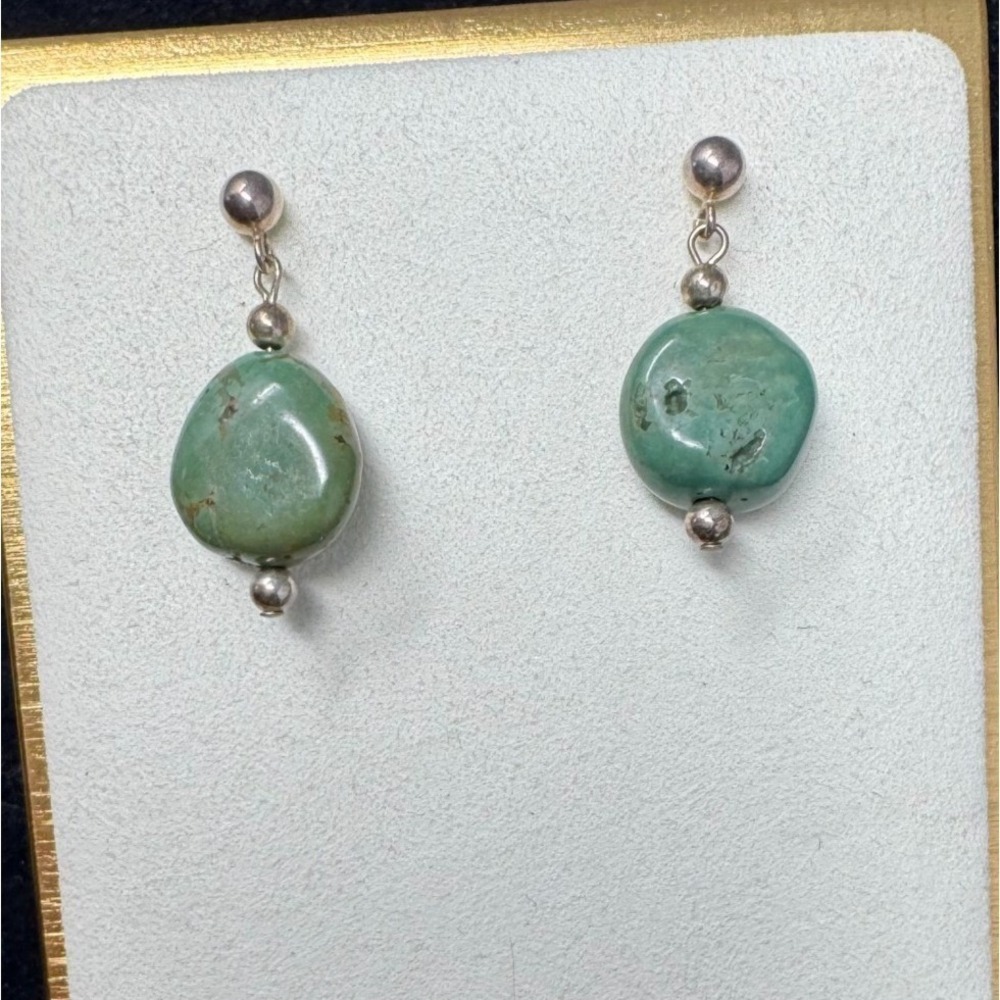 Vtg Sterling Silver Dangle Pierced Earrings TURQUOISE Oval Nugget Stone 925